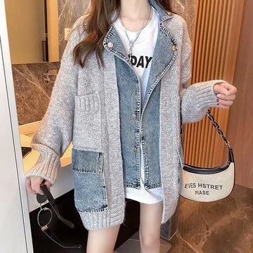 Getadme-Spring Autumn Denim Patchwork Loose Lazy Style Thickened Clothes Knitted Sweater Coat Cardigan Top Women